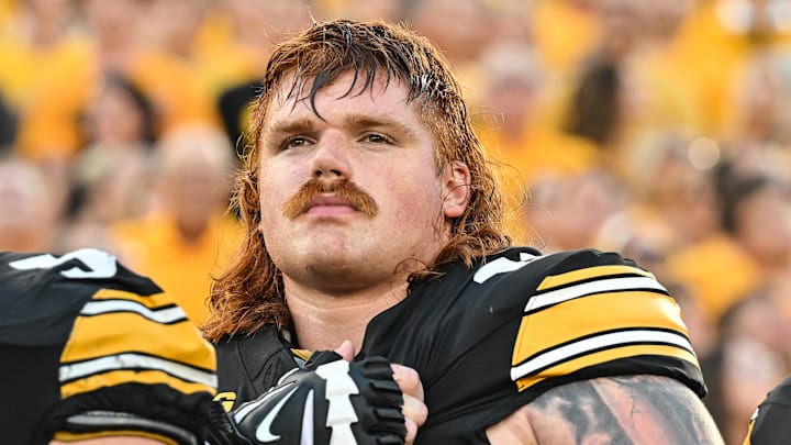Sep 13, 2025; Iowa City, Iowa, USA; Iowa Hawkeyes offensive lineman Gennings Dunker (67) looks on before the game against the Massachusetts Minutemen at Kinnick Stadium. Mandatory Credit: Jeffrey Becker-Imagn Images