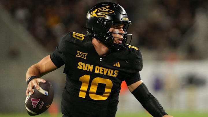 Sep 26, 2025; Tempe, Arizona, USA; Arizona State Sun Devils quarterback Sam Leavitt (10) looks to pass against TCU Horned Frogs in the second half at Mountain America Stadium, Home of the ASU Sun Devils. Mandatory Credit: Jacob Reiner-Imagn Images