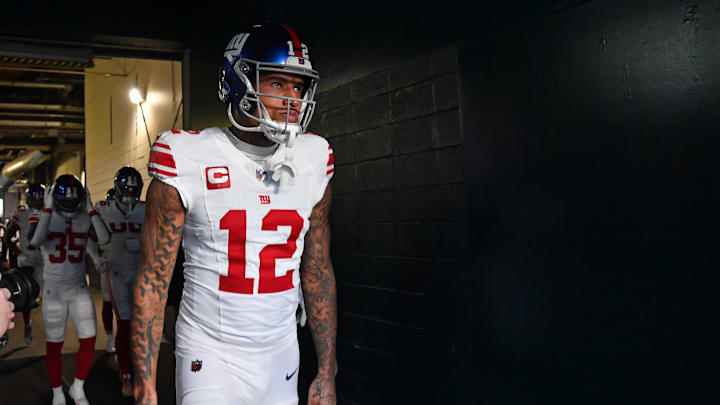 Dec 25, 2023; Philadelphia, Pennsylvania, USA; New York Giants tight end Darren Waller (12) in the tunnel against the Philadelphia Eagles at Lincoln Financial Field. Mandatory Credit: Eric Hartline-USA TODAY Sports