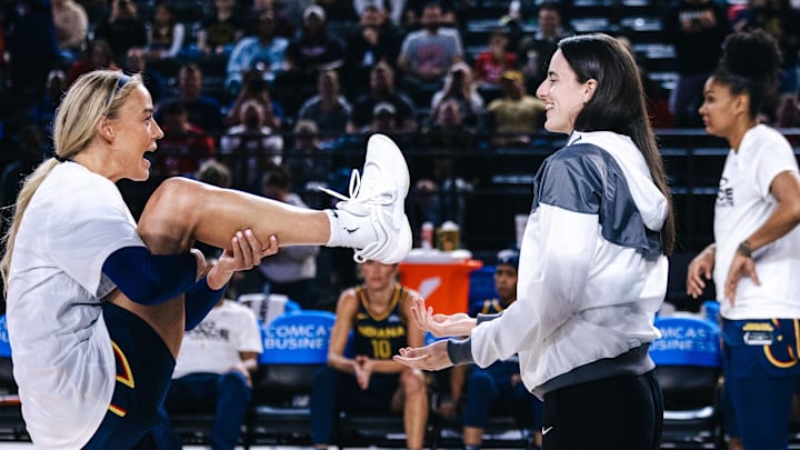 Indiana Fever guards Caitlin Clark and Sophie Cunningham were all smiles ahead of Game 1 against the Aces in the semifinals.