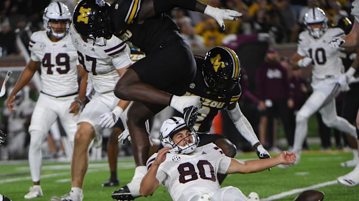 Nov 15, 2025; Columbia, Missouri, USA; Mississippi State kicker Kyle Ferrie (80) is unable to recover a fumble during the first half of a game.
