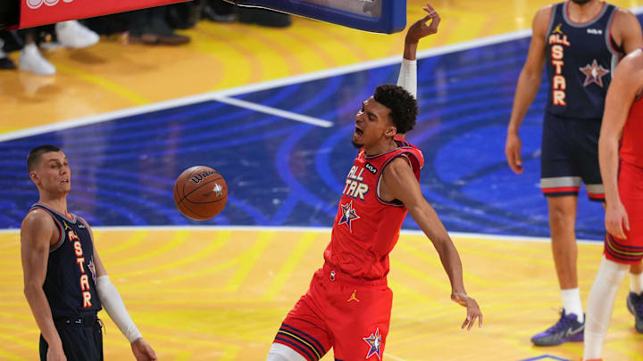 Feb 16, 2025; San Francisco, CA, USA; Chuckís Global Stars forward Victor Wembanyama (1) of the San Antonio Spurs dunks against Kennyís Young Stars during the 2025 NBA All Star Game at Chase Center. Mandatory Credit: Cary Edmondson-Imagn Images Feb 16, 2025; San Francisco, CA, USA; Chuckís Global Stars forward Victor Wembanyama (1) of the San Antonio Spurs dunks against Kennyís Young Stars during the 2025 NBA All Star Game at Chase Center. Mandatory Credit: Cary Edmondson-Imagn Images