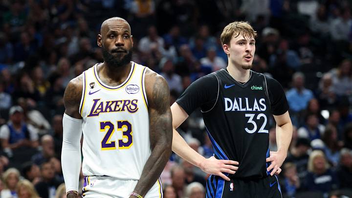 Apr 5, 2026; Dallas, Texas, USA; Los Angeles Lakers forward LeBron James (23) and Dallas Mavericks forward Cooper Flagg (32) during the first half at American Airlines Center. Mandatory Credit: Kevin Jairaj-Imagn Images Apr 5, 2026; Dallas, Texas, USA; Los Angeles Lakers forward LeBron James (23) and Dallas Mavericks forward Cooper Flagg (32) during the first half at American Airlines Center. Mandatory Credit: Kevin Jairaj-Imagn Images