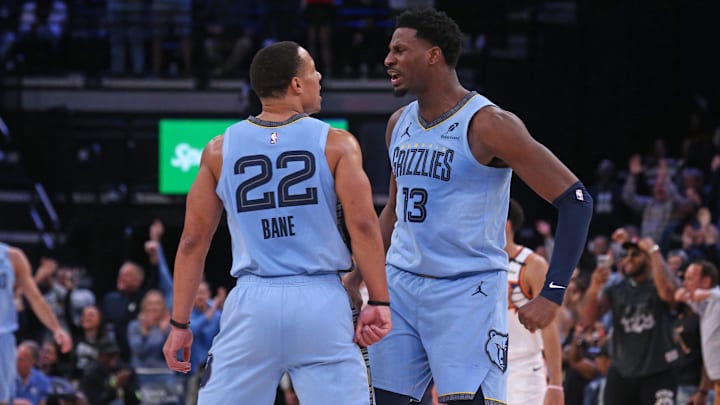 Feb 25, 2025; Memphis, Tennessee, USA; Memphis Grizzlies forward Jaren Jackson Jr. (13) reacts with Memphis Grizzlies guard Desmond Bane (22) during the third quarter against the Phoenix Suns at FedExForum. Mandatory Credit: Petre Thomas-Imagn Images Feb 25, 2025; Memphis, Tennessee, USA; Memphis Grizzlies forward Jaren Jackson Jr. (13) reacts with Memphis Grizzlies guard Desmond Bane (22) during the third quarter against the Phoenix Suns at FedExForum. Mandatory Credit: Petre Thomas-Imagn Images