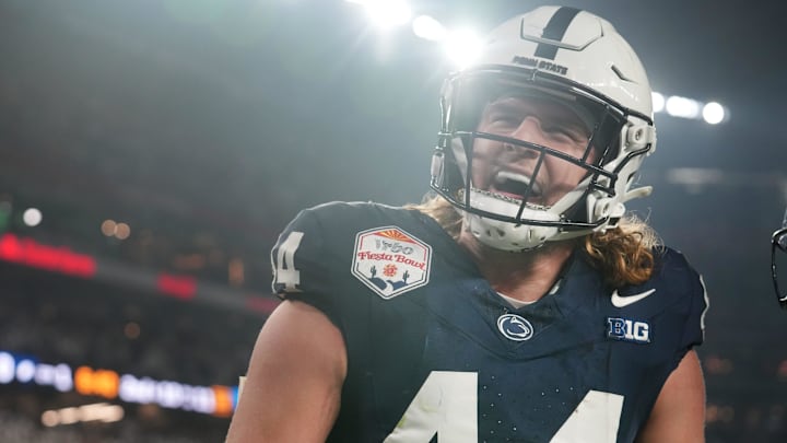 Penn State Nittany Lions tight end Tyler Warren (44) celebrates his touchdown catch against the Boise State Broncos during their Vrbo Fiesta Bowl matchup at State Farm Stadium in Glendale on Dec. 31, 2024. Penn State Nittany Lions tight end Tyler Warren (44) celebrates his touchdown catch against the Boise State Broncos during their Vrbo Fiesta Bowl matchup at State Farm Stadium in Glendale on Dec. 31, 2024.