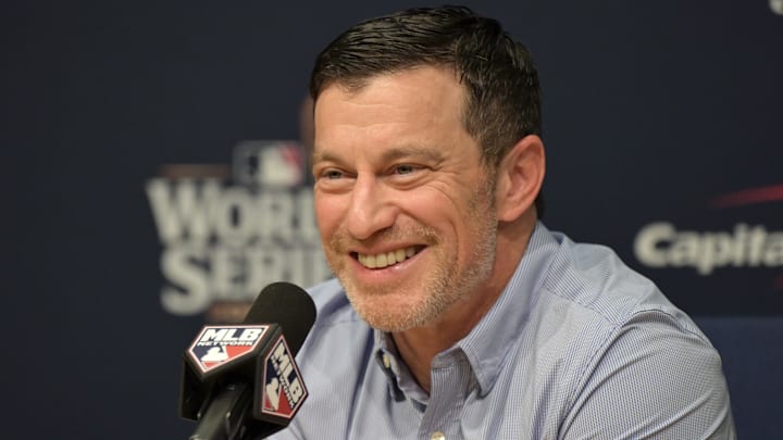 Oct 25, 2024; Los Angeles, California, USA; Los Angeles Dodgers president of baseball operations Andrew Friedman speaks in a press conference before game one against the New York Yankees in the 2024 MLB World Series at Dodger Stadium. Mandatory Credit: Jayne Kamin-Oncea-Imagn Images