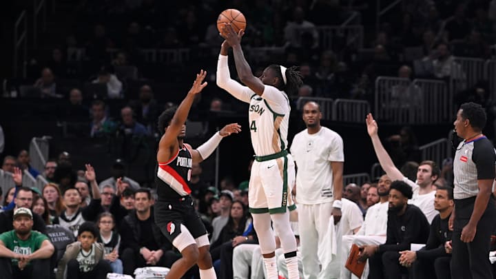 Apr 7, 2024; Boston, Massachusetts, USA; Boston Celtics guard Jrue Holiday (4) shoots the ball against the Portland Trail Blazers during the first half at TD Garden. Mandatory Credit: Eric Canha-Imagn Images Apr 7, 2024; Boston, Massachusetts, USA; Boston Celtics guard Jrue Holiday (4) shoots the ball against the Portland Trail Blazers during the first half at TD Garden. Mandatory Credit: Eric Canha-Imagn Images