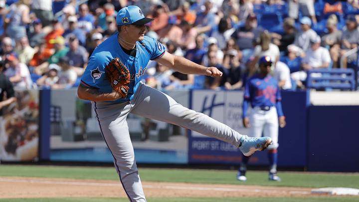Feb 23, 2025; Port St. Lucie, Florida, USA; Miami Marlins pitcher Robby Snelling throws a pitch during the second inning against the New York Mets at Clover Park. Mandatory Credit: Reinhold Matay-Imagn Images