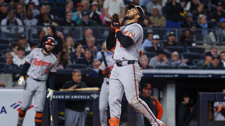Sep 24, 2024; Bronx, New York, USA; Baltimore Orioles right fielder Anthony Santander (25) celebrates after hitting a solo home run during the sixth inning against the New York Yankees at Yankee Stadium. 