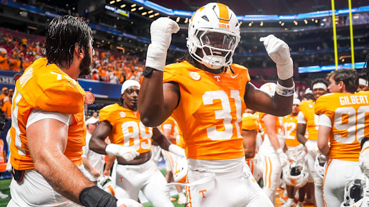 Tennessee defensive lineman Caleb Herring (31) dances in celebration after the Aflac Kickoff Game between the Volunteers and Syracuse held at Mercedes-Benz Stadium in Atlanta, Ga., on August 30, 2025. 