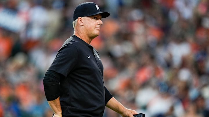 Detroit Tigers manager A.J. Hinch (14) walks off the field after a pitching change during the fifth inning against Baltimore Orioles at Comerica Park in Detroit on Saturday, September 14, 2024.