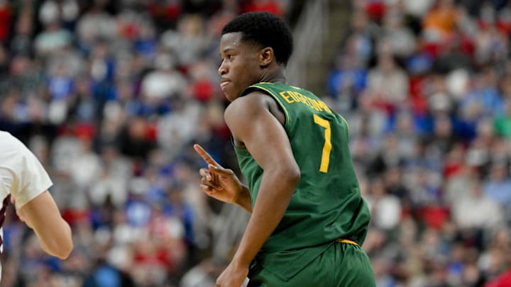 Mar 21, 2025; Raleigh, NC, USA; Baylor Bears guard VJ Edgecombe (7) celebrates during the second half against the Mississippi State Bulldogs in the first round of the NCAA Tournament at Lenovo Center. Mandatory Credit: Zachary Taft-Imagn Images