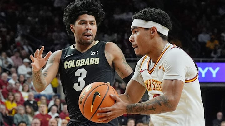 Iowa State Cyclones guard Tamin Lipsey (3) drives to the basket around Colorado Buffaloes guard Julian Hammond III (3) during the first half in the Big-12 men’s basketball at Hilton Coliseum on Feb.18, 2025 in Ames, Iowa. Iowa State Cyclones guard Tamin Lipsey (3) drives to the basket around Colorado Buffaloes guard Julian Hammond III (3) during the first half in the Big-12 men’s basketball at Hilton Coliseum on Feb.18, 2025 in Ames, Iowa.