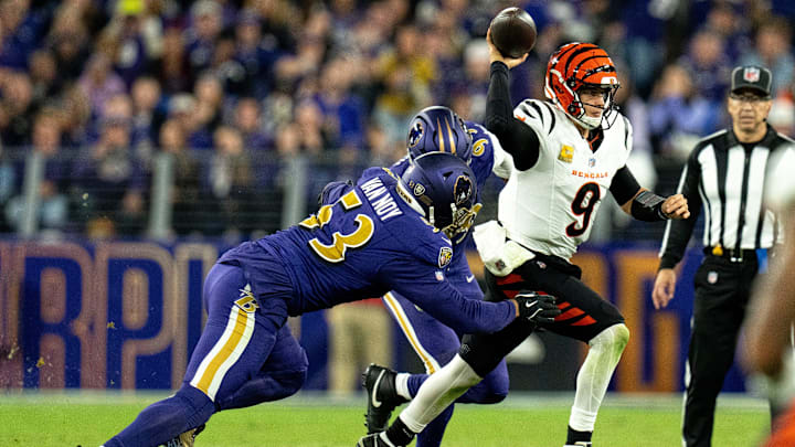 Baltimore Ravens outside linebacker Kyle Van Noy (53) force Cincinnati Bengals quarterback Joe Burrow (9) out of the pocket in the fourth quarter of the NFL game at M&T Banks Stadium in Baltimore on Thursday, Nov. 7, 2024.