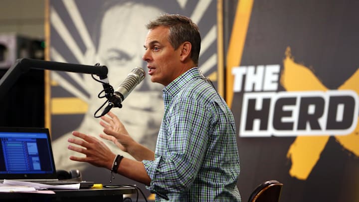 Feb 1, 2016; San Francisco, CA, USA; Radio personality Colin Cowherd broadcasts on radio row at the Moscone Center in advance of Super Bowl 50 between the Carolina Panthers and the Denver Broncos. Mandatory Credit: Jerry Lai-Imagn Images