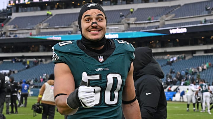Dec 14, 2025; Philadelphia, Pennsylvania, USA; Philadelphia Eagles linebacker Jaelan Phillips (50) walks off the field after win against the Las Vegas Raiders at Lincoln Financial Field. Mandatory Credit: Eric Hartline-Imagn Images