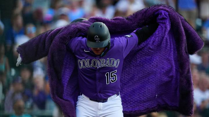 Colorado Rockies catcher Hunter Goodman celebrates after hitting a home run Colorado Rockies catcher Hunter Goodman celebrates after hitting a home run