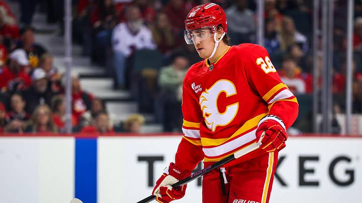 Apr 14, 2026; Calgary, Alberta, CAN; Calgary Flames defenseman Zach Whitecloud (28) against the Colorado Avalanche during the first period at Scotiabank Saddledome. Mandatory Credit: Sergei Belski-Imagn Images