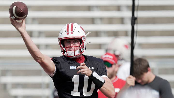 Wisconsin quarterback Ryan Hopkins (10) is shown during football practice Thursday, August 6, 2026 at Camp Randall Stadium in Madison, Wisconsin.