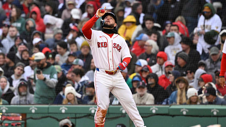 Apr 4, 2026; Foxborough, Massachusetts, USA; Boston Red Sox right fielder Wilyer Abreu (52) reacts after hitting a single  during the fourth inning against the San Diego Padres at Fenway Park. Mandatory Credit: Eric Canha-Imagn Images