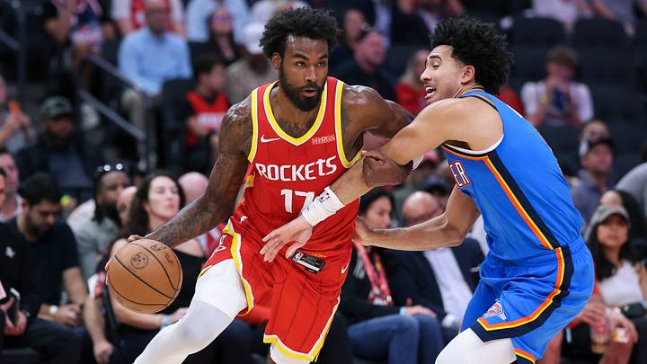 Oct 15, 2026; Houston, Texas, USA; Houston Rockets forward Tari Eason (17) dribbles the ball as Oklahoma City Thunder guard Jared McCain (3) defends during the game at Toyota Center. Mandatory Credit: Troy Taormina-Imagn Images Oct 15, 2026; Houston, Texas, USA; Houston Rockets forward Tari Eason (17) dribbles the ball as Oklahoma City Thunder guard Jared McCain (3) defends during the game at Toyota Center. Mandatory Credit: Troy Taormina-Imagn Images