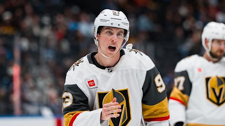 Apr 7, 2026; Vancouver, British Columbia, CAN; Vegas Golden Knights forward Mitch Marner (93) during a stop in play against the Vancouver Canucks in the third period at Rogers Arena. Mandatory Credit: Bob Frid-Imagn Images