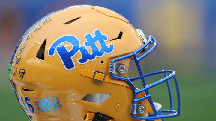 Nov 16, 2024; Pittsburgh, Pennsylvania, USA;  A Pittsburgh Panthers helmet on the sidelines against the Clemson Tigers during the fourth quarter at Acrisure Stadium. Mandatory Credit: Charles LeClaire-Imagn Images