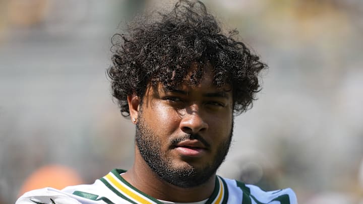 Aug 24, 2024; Green Bay, Wisconsin, USA; Green Bay Packers offensive lineman Jordan Morgan (77) following the game against the Baltimore Ravens at Lambeau Field. Mandatory Credit: Jeff Hanisch-Imagn Images Aug 24, 2024; Green Bay, Wisconsin, USA; Green Bay Packers offensive lineman Jordan Morgan (77) following the game against the Baltimore Ravens at Lambeau Field. Mandatory Credit: Jeff Hanisch-Imagn Images