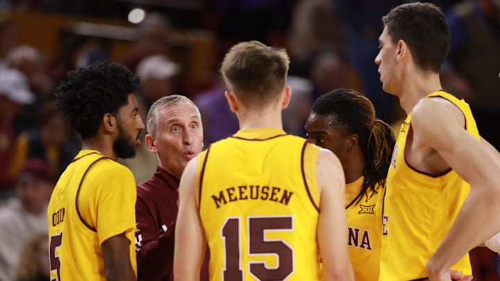 Jan 10, 2026; Tempe, Arizona, USA; Arizona State Sun Devils head coach Bobby Hurley in the huddle with his players against the Kansas State Wildcats in the first half at Desert Financial Arena. Mandatory Credit: Mark J. Rebilas-Imagn Images