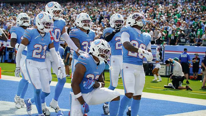 The Tennessee Titans defense celebrates a cornerback Marcus Harris (26) interception during the fourth quarter against the Philadelphia Eagles at Nissan Stadium in Nashville, Tenn., Sunday, Sept. 20, 2026. The Tennessee Titans defense celebrates a cornerback Marcus Harris (26) interception during the fourth quarter against the Philadelphia Eagles at Nissan Stadium in Nashville, Tenn., Sunday, Sept. 20, 2026.
