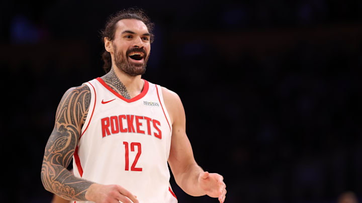 Mar 31, 2025; Los Angeles, California, USA;  Houston Rockets center Steven Adams (12) reacts to a play during the third quarter against the Los Angeles Lakers at Crypto.com Arena. Mandatory Credit: Kiyoshi Mio-Imagn Images