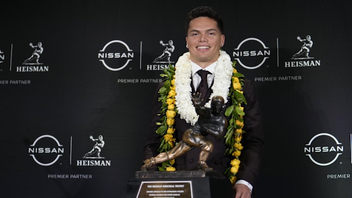 Dec 14, 2024; New York, NY, USA; Oregon Ducks quarterback Dillon Gabriel poses for a photo during a press conference before the 2024 Heisman Trophy Presentation. Mandatory Credit: Lucas Boland-Imagn Images