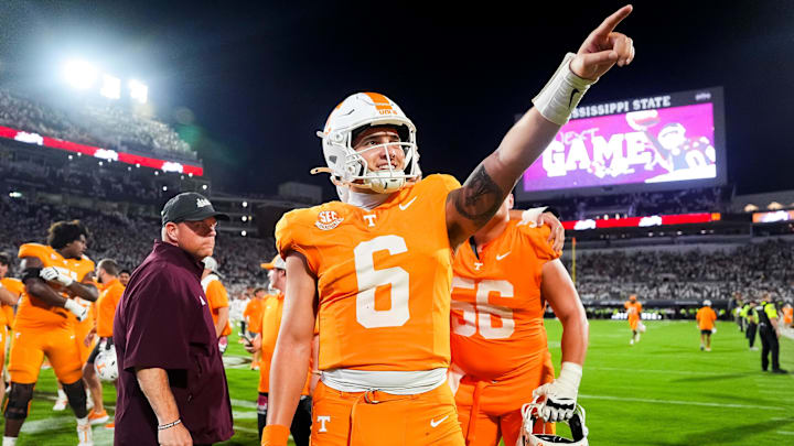 Tennessee quarterback Joey Aguilar (6) points toward the Tennessee fans after the Vols defeated Mississippi State in overtime at Davis Wade Stadium in Starkville, Miss., on Sept. 27, 2025. Tennessee quarterback Joey Aguilar (6) points toward the Tennessee fans after the Vols defeated Mississippi State in overtime at Davis Wade Stadium in Starkville, Miss., on Sept. 27, 2025.