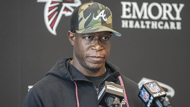 Jun 11, 2025; Atlanta, GA, USA; Atlanta Falcons head coach Raheem Morris answers media questions before practice at Children's Healthcare of Atlanta Training Ground. Mandatory Credit: Dale Zanine-Imagn Images