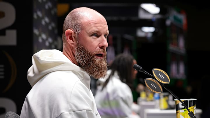 Jan 17, 2026; Miami Gardens, FL, USA; Miami Hurricanes defensive coordinator Corey Hetherman during media day for the 2025 College Football Playoff National Championship at Miami Beach Convention Center. Mandatory Credit: Sam Navarro-Imagn Images