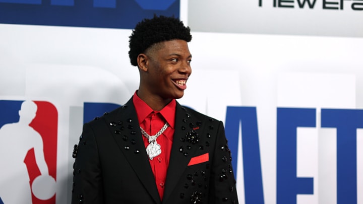 Ace Bailey poses on the red carpet prior to the first round of the 2025 NBA Draft at Barclays Center on June 25, 2025 in the Brooklyn borough of New York City.