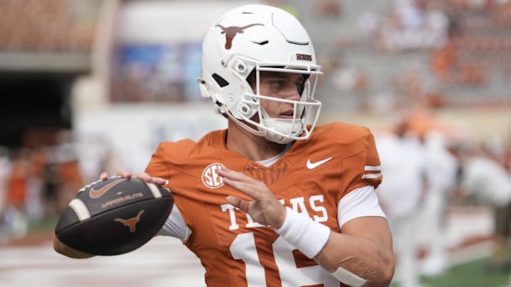 Texas Longhorns quarterback Arch Manning warms up before the game against San Jose State Spartans at Darrell K Royal-Texas Memorial Stadium.