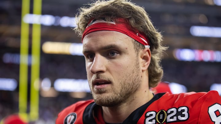 Jan 9, 2023; Inglewood, CA, USA; Georgia Bulldogs tight end Ryland Goede (88) against the TCU Horned Frogs during the CFP national championship game at SoFi Stadium. Mandatory Credit: Mark J. Rebilas-Imagn Images Jan 9, 2023; Inglewood, CA, USA; Georgia Bulldogs tight end Ryland Goede (88) against the TCU Horned Frogs during the CFP national championship game at SoFi Stadium. Mandatory Credit: Mark J. Rebilas-Imagn Images