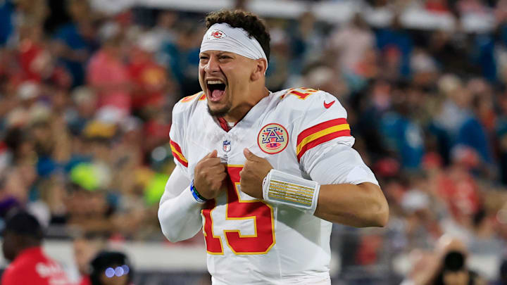 Kansas City Chiefs quarterback Patrick Mahomes (15) gets the crowd hyped before an NFL football matchup at EverBank Stadium, Monday, Oct. 6, 2025, in Jacksonville, Fla. The Jacksonville Jaguars edged the Kansas City Chiefs 31-28. [Corey Perrine/Florida Times-Union]