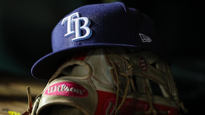 Apr 3, 2023; Washington, District of Columbia, USA; A general view of a Tampa Bay Rays hat and glove during the seventh inning of the game against the Washington Nationals at Nationals Park. Apr 3, 2023; Washington, District of Columbia, USA; A general view of a Tampa Bay Rays hat and glove during the seventh inning of the game against the Washington Nationals at Nationals Park.