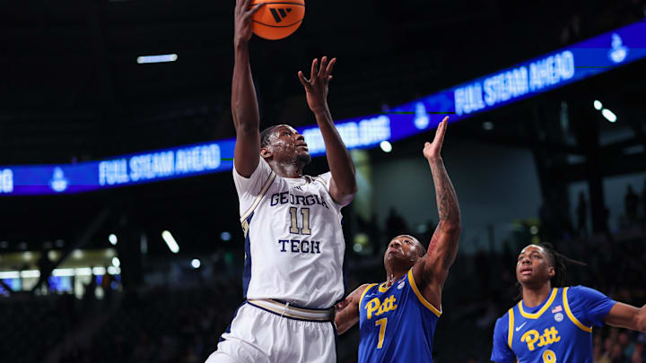 Jan 14, 2026; Atlanta, Georgia, USA; Georgia Tech Yellow Jackets forward Baye Ndongo (11) shoots against the Pittsburgh Panthers in the second half at McCamish Pavilion. Mandatory Credit: Brett Davis-Imagn Images