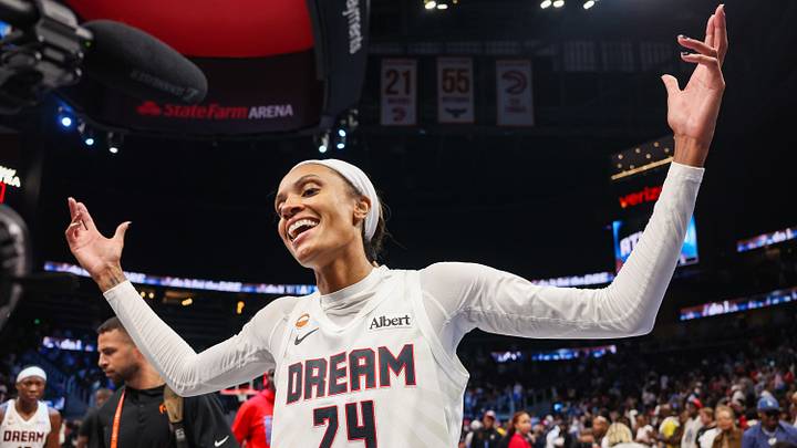 Oct 4, 2026; Atlanta, Georgia, USA; Atlanta Dream forward DeWanna Bonner (24) celebrates after a victory over the New York Liberty in game one of the second round for the 2026 WNBA Playoffs at State Farm Arena. Mandatory Credit: Brett Davis-Imagn Images Oct 4, 2026; Atlanta, Georgia, USA; Atlanta Dream forward DeWanna Bonner (24) celebrates after a victory over the New York Liberty in game one of the second round for the 2026 WNBA Playoffs at State Farm Arena. Mandatory Credit: Brett Davis-Imagn Images