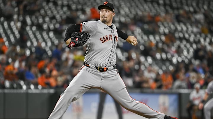Sep 17, 2024; Baltimore, Maryland, USA;  San Francisco Giants pitcher Blake Snell (7) throws a second inning pitch against the Baltimore Orioles at Oriole Park at Camden Yards. 