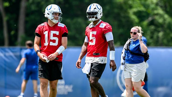 Jun 10, 2026; Indianapolis, IN, USA; Indianapolis Colts quarterback Riley Leonard (15) and Indianapolis Colts quarterback Anthony Richardson Sr. (5) participate in a drill during minicamp at Indiana Farm Bureau Football Center. Mandatory Credit: Robert Goddin-Imagn Images