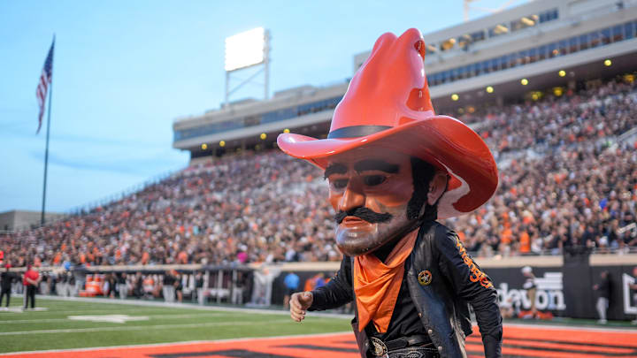 Pistol Pete walks along the sidelines in the second quarter during an NCAA football game between Oklahoma State (OSU) and Tulsa at Boone Pickens Stadium in Stillwater, Okla., on Friday, Sept. 19, 2025.