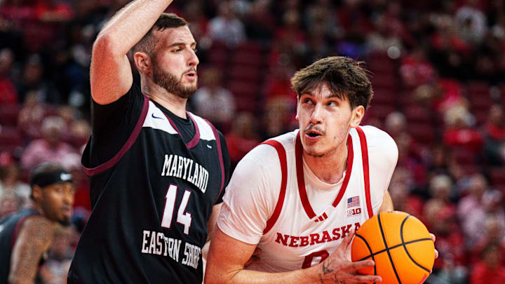 Nebraska Cornhuskers forward Berke Buyuktuncel looks to the hoop against Maryland Eastern Shore Hawks forward Joseph Locandro.