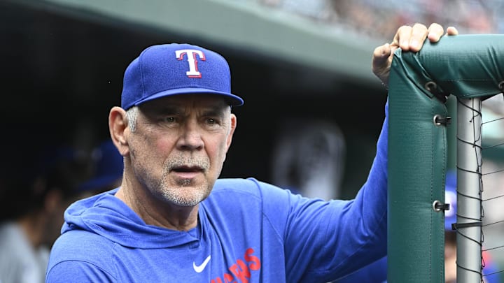 uJun 8, 2025; Washington, District of Columbia, USA; Texas Rangers manager Bruce Bochy (15) in the dugout before the game against the Washington Nationals at Nationals Park. 