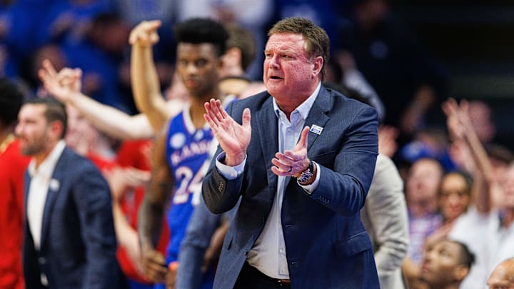 Jan 28, 2023; Lexington, Kentucky, USA; Kansas Jayhawks head coach Bill Self celebrates during the second half against the Kentucky Wildcats.