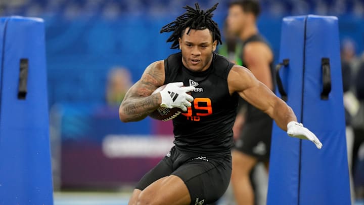 Mar 1, 2025; Indianapolis, IN, USA; North Carolina running back Omarion Hampton (RB09) during the 2025 NFL Combine at Lucas Oil Stadium. 