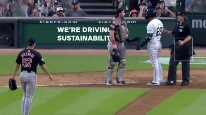 Detroit Tigers infielder (#28) reacts to Cleveland Guardians catcher Austin Hedges after being hit by a pitch thrown by Guardians pitcher Nick Sandlin (#52) during Cleveland's 9-8 win over the Tigers on Tuesday night at Comerica Park in Detroit, Mich. 